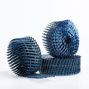 Blue-coated coil nails supplied by JK Pallets, a trusted importer in Karachi and Lahore, Pakistan, ideal for nail guns, pallet nails, and gun nails.